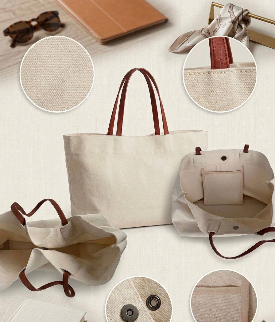 Canvas Tote Bag with Rhinestone Appliqué – Women's Casual Shoulder Shopper Bag