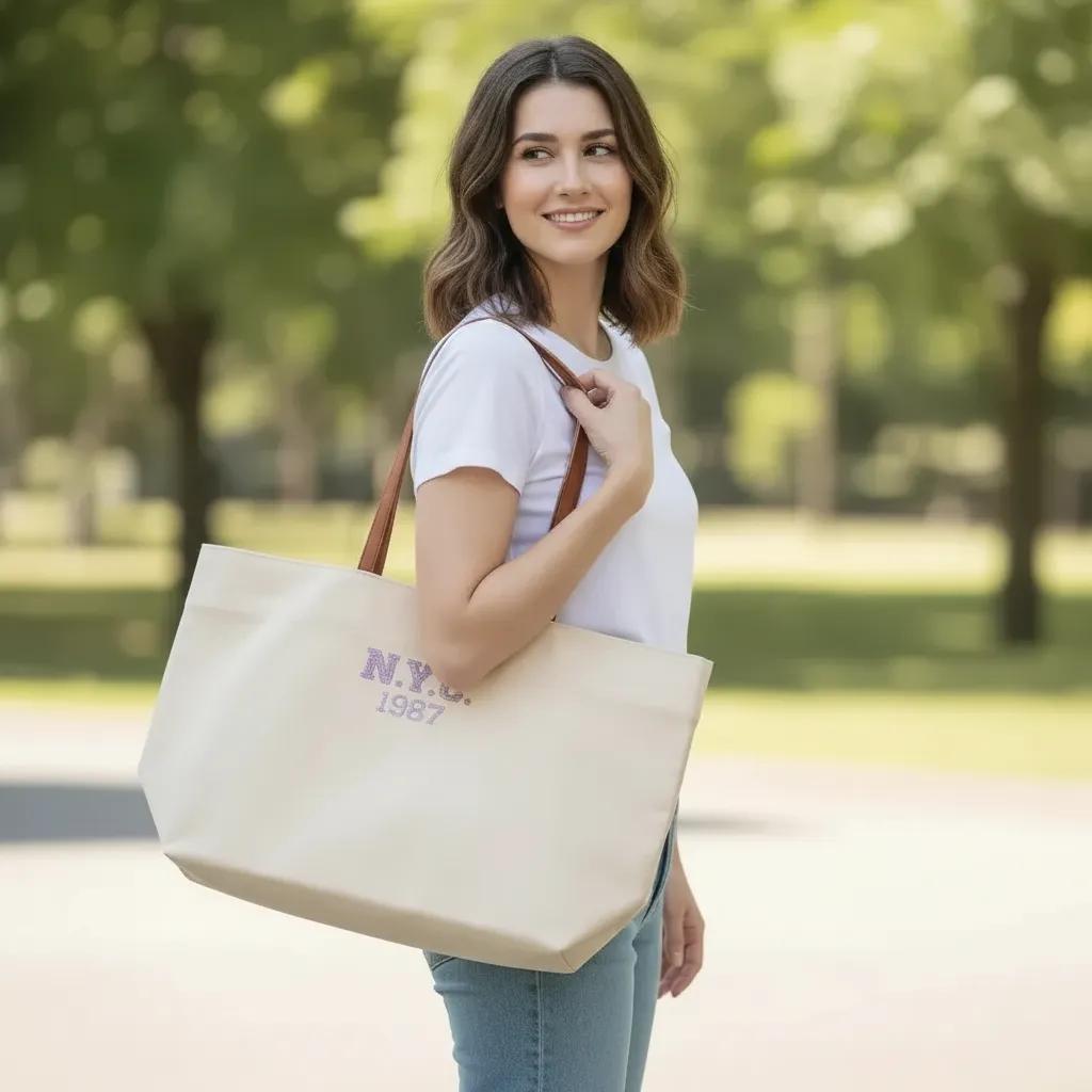 Canvas Tote Bag with Rhinestone Appliqué – Women's Casual Shoulder Shopper Bag