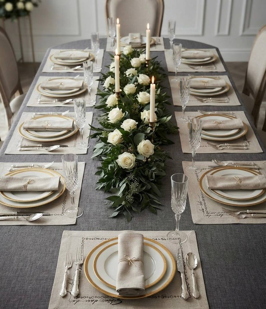 Linen Table Napkin with Embroidered Border (6 Pics Set) | Natural Linen, Decorative Stitching