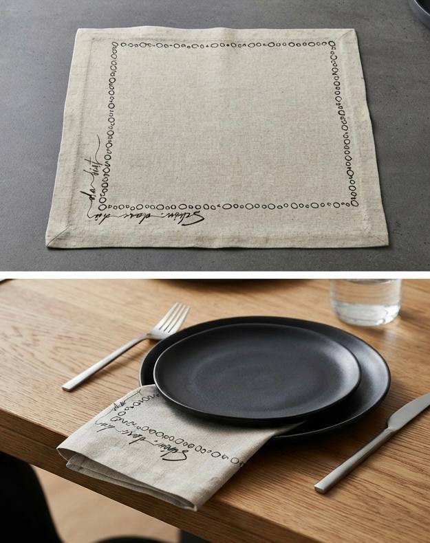 Linen Table Napkin with Embroidered Border (6 Pics Set) | Natural Linen, Decorative Stitching